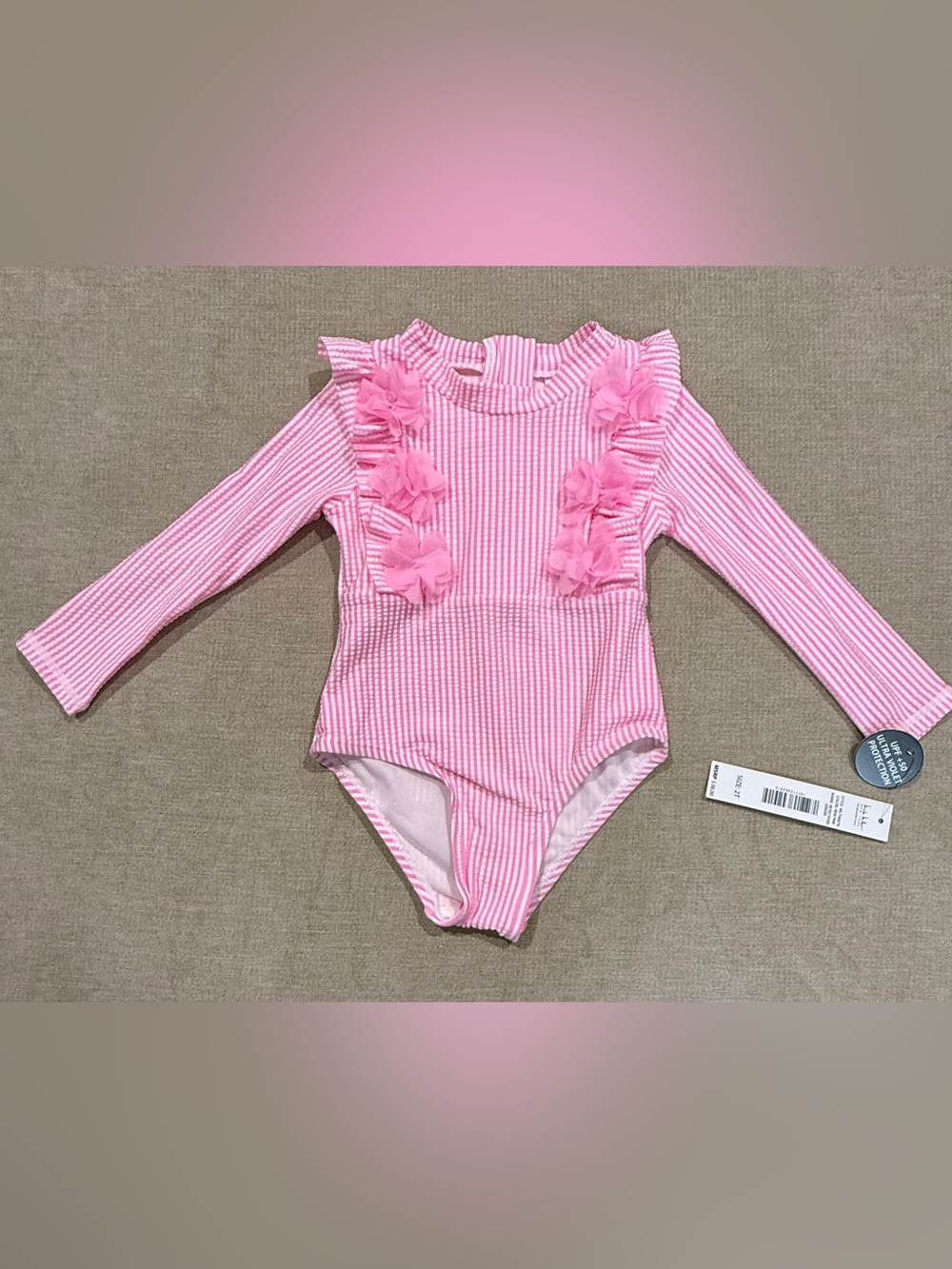 Nicole Miller Toddler Pink Ruffle Stripe One-Piece Rashguard Swimsuit 2T